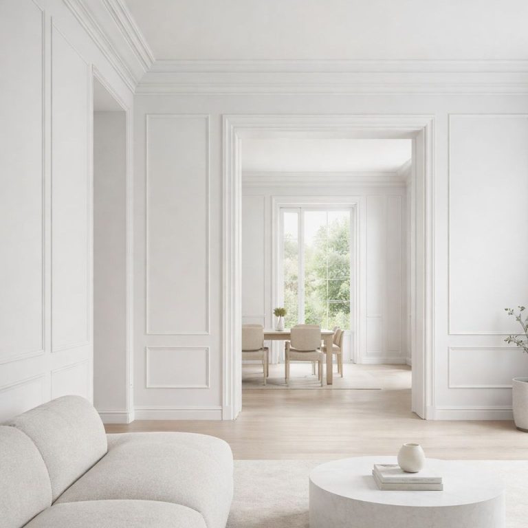 Moderne Stuckarbeiten mit Deckenprofilen und Wandfeldern im Innenraum